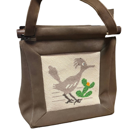 Vintage Road Runner Purse Tote Bag Embroidered Dessert Cottage Core Wooden - Picture 4 of 12